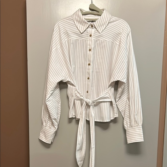 Striped Button-Up Blouse with Tie Waist - Picture 1 of 4
